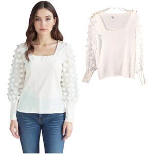 b by Belldini Top Women's Sz M White Knit Sheer puff Sleeve Square Neck pullover